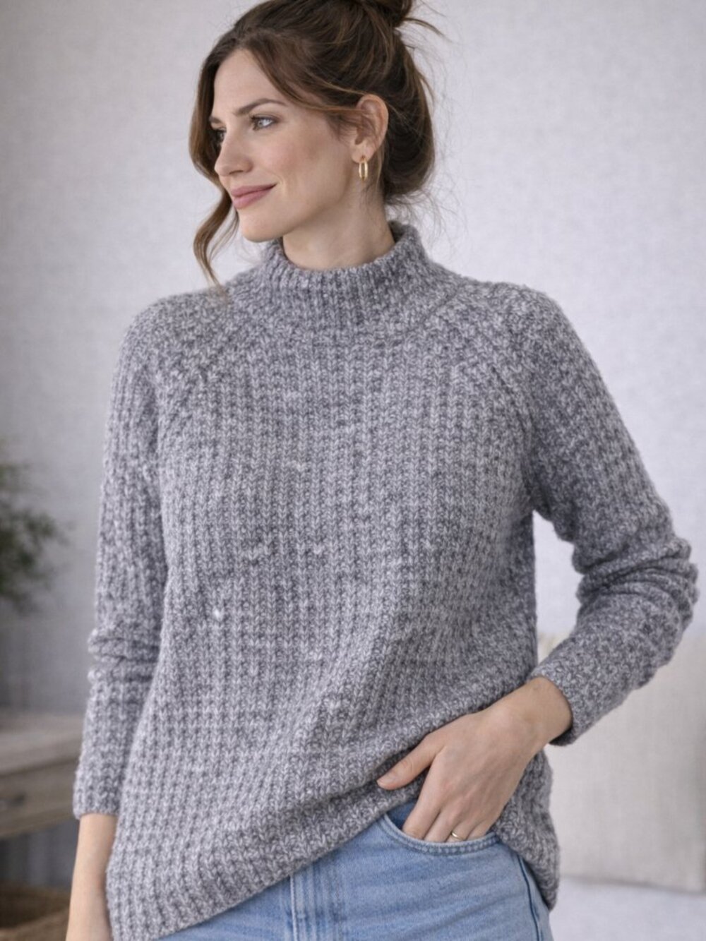 Denver Hayes Cozy Knit Mock Neck Sweater Grey Textured Pullover Size L